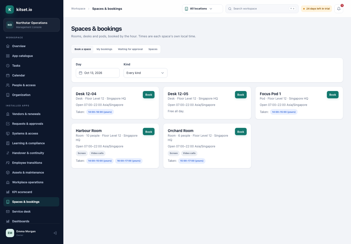 Spaces and bookings in the Management Console: rooms, desks and pods with today's bookings.