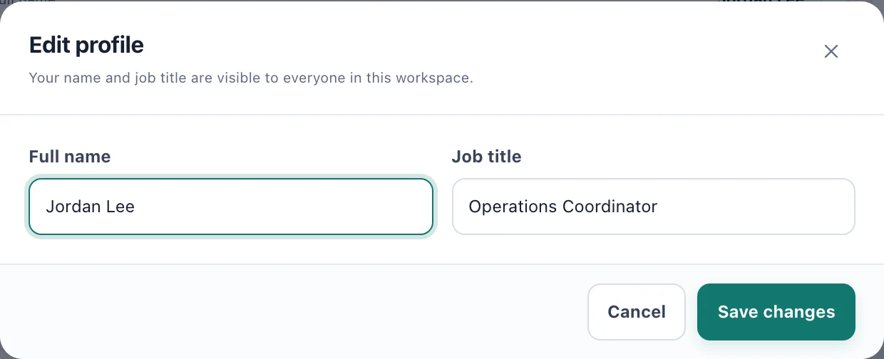 The Edit profile dialog with full name and job title