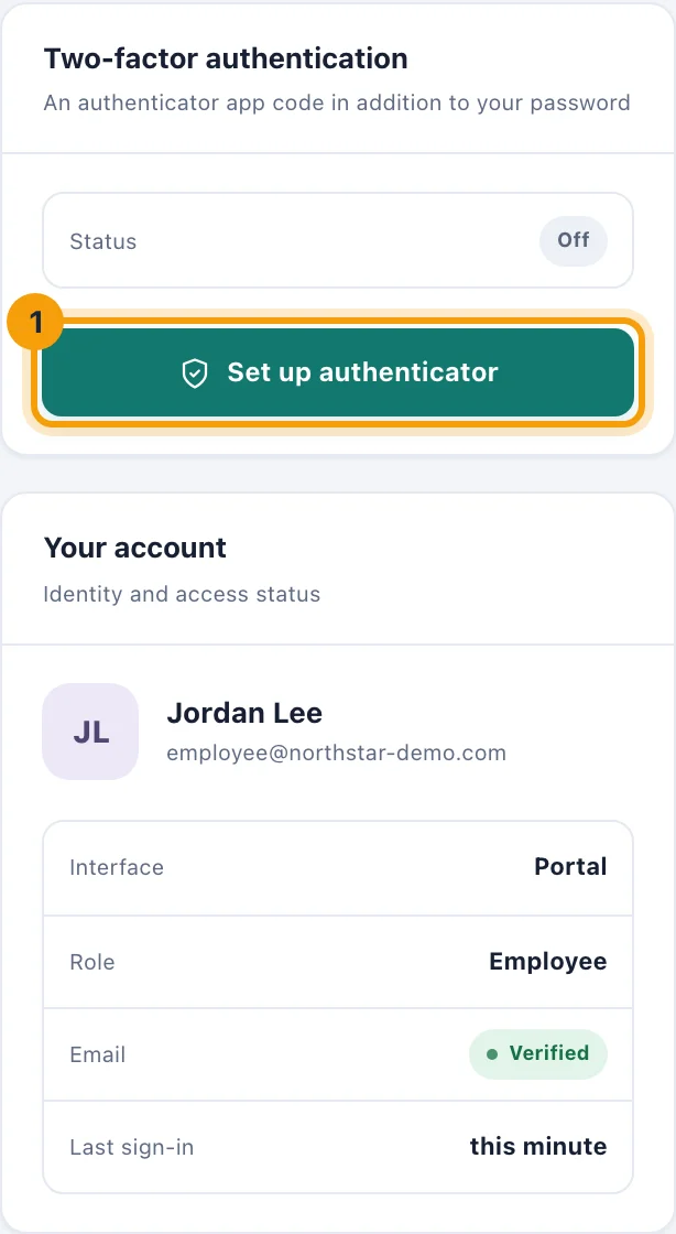 The Two-factor authentication card with Set up authenticator ringed