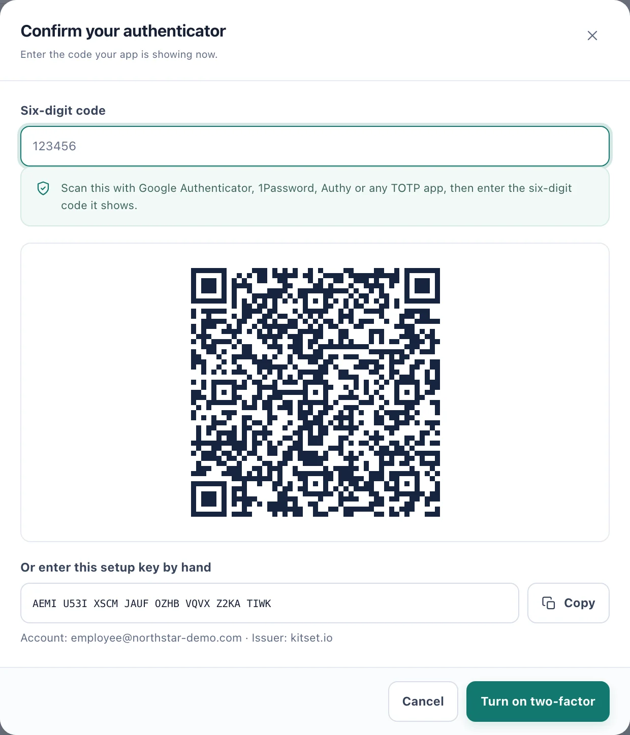 The Confirm your authenticator dialog with a QR code and a setup key