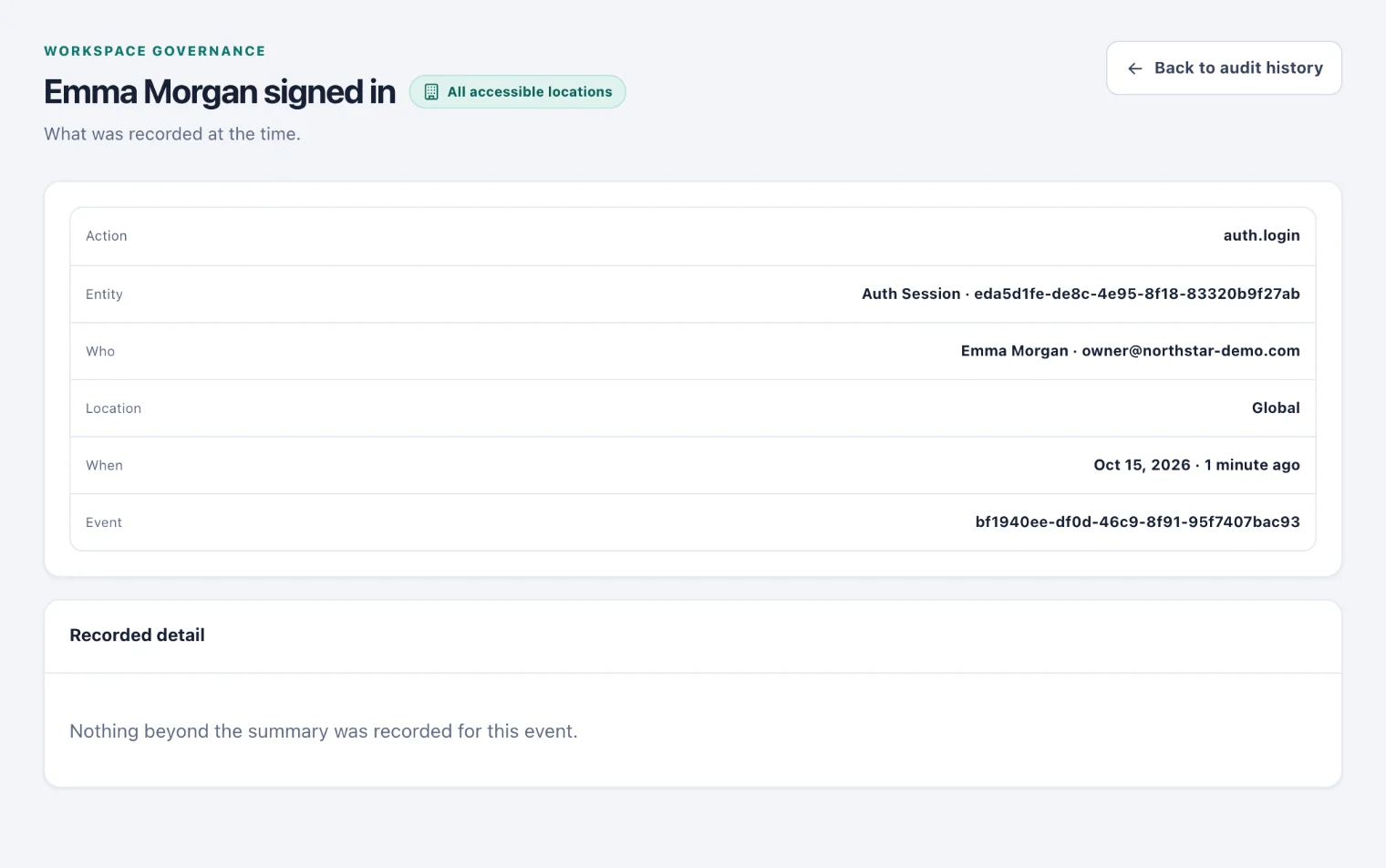 One audit event, with its facts and the detail recorded at the time