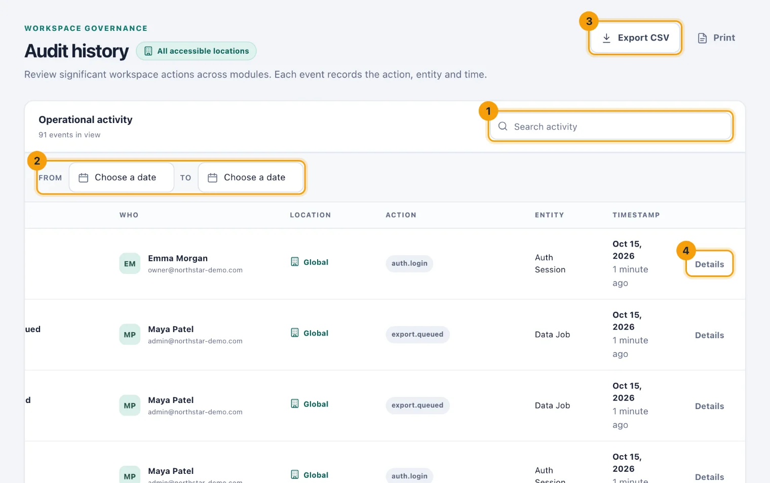 The Audit history page with its search box, date range, Export CSV button and a Details link numbered