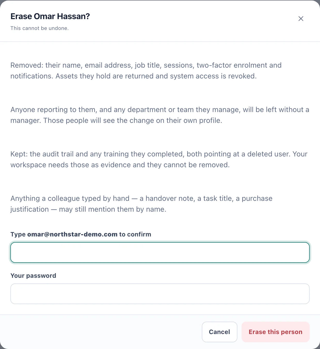 The Erase dialog, listing what is removed and kept, with the email and password fields