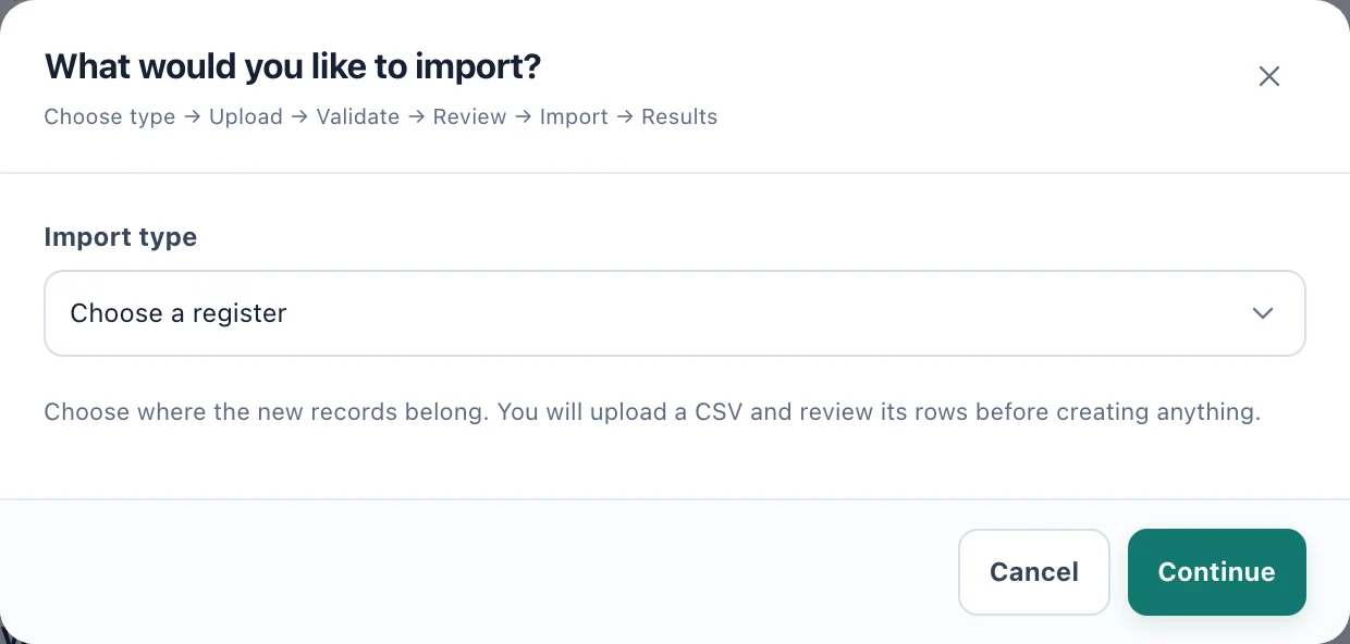 The What would you like to import dialog with the Import type menu