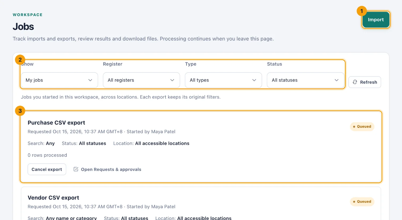 The Jobs page with the Import button, the filters and one export job numbered