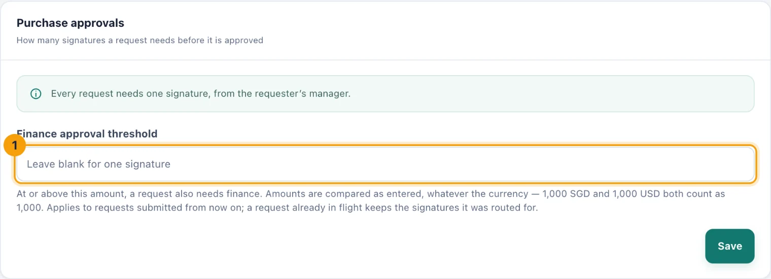 The Purchase approvals card with the Finance approval threshold field ringed