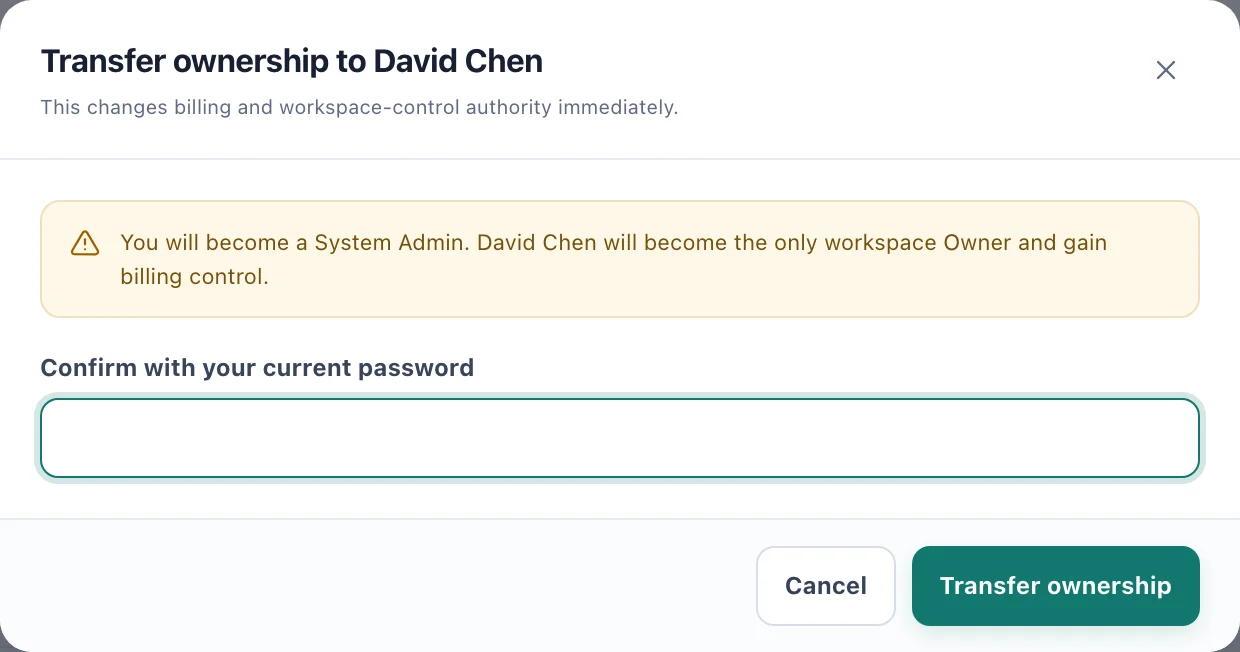The Transfer ownership dialog, with its warning and the password field
