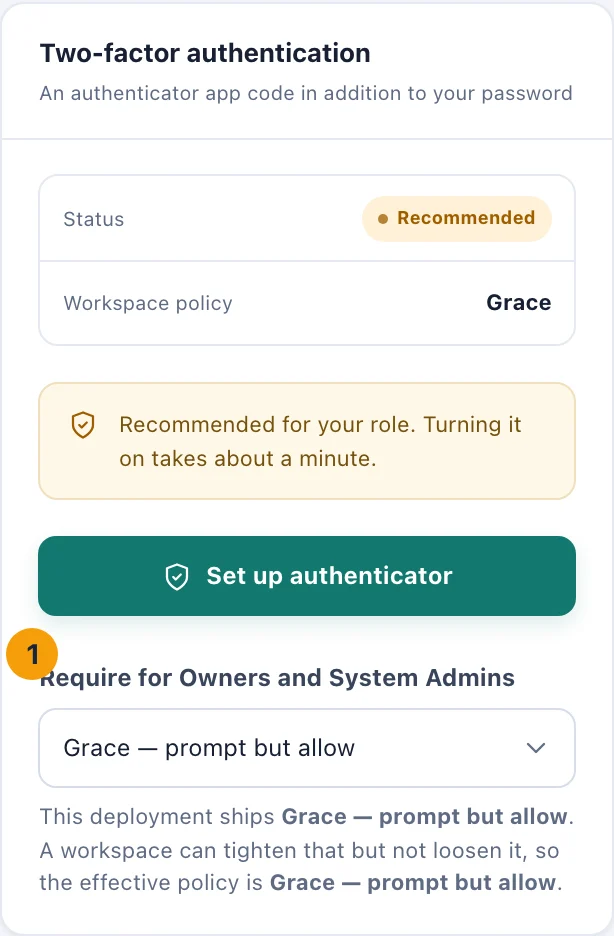The Two-factor authentication card with the Require for Owners and System Admins menu ringed