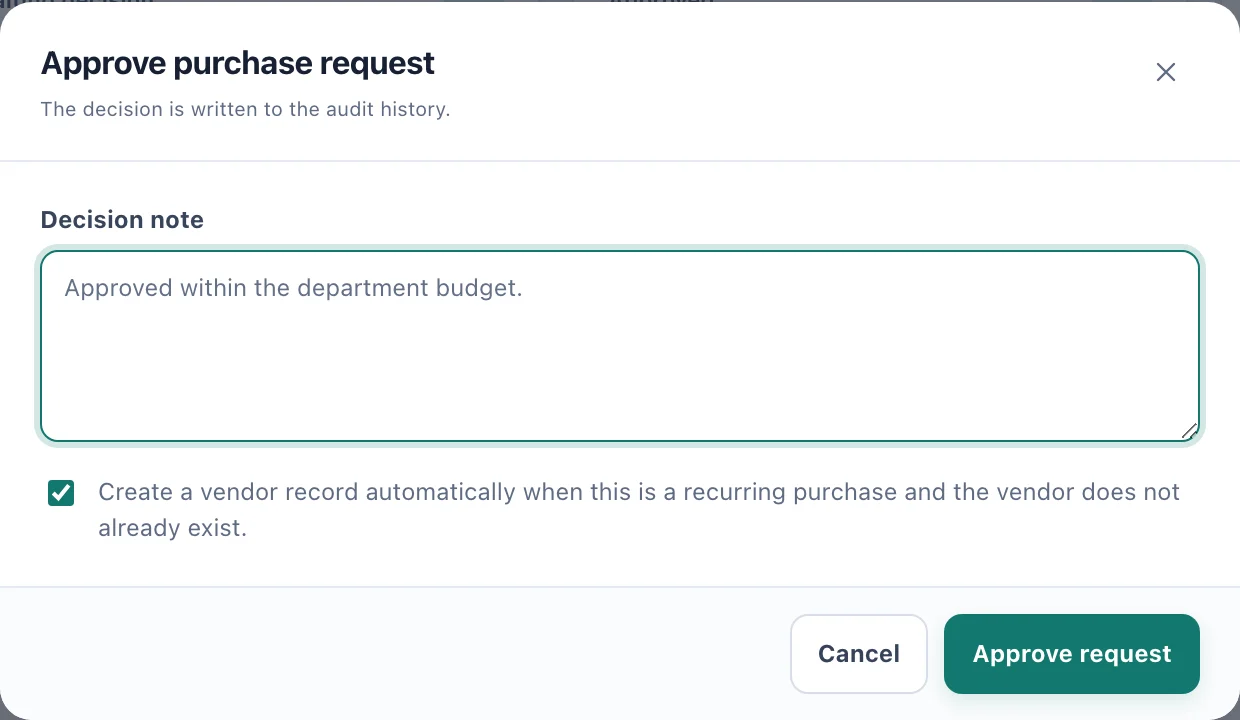The Approve purchase request dialog, with a Decision note field and the vendor record option