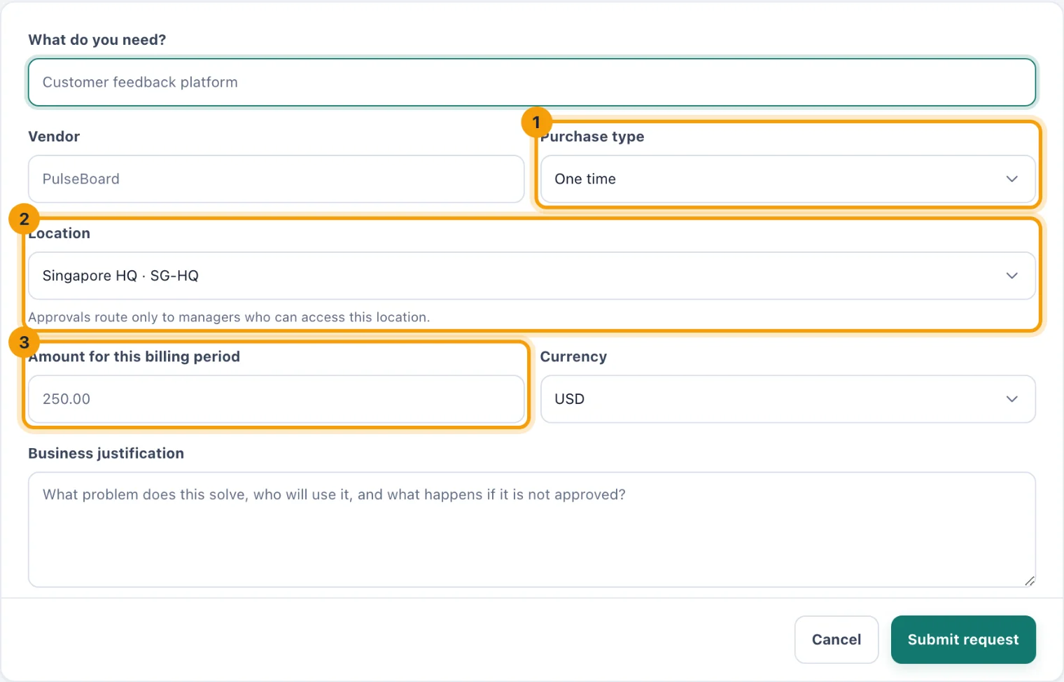 The Submit purchase request page with Purchase type, Location and the amount ringed