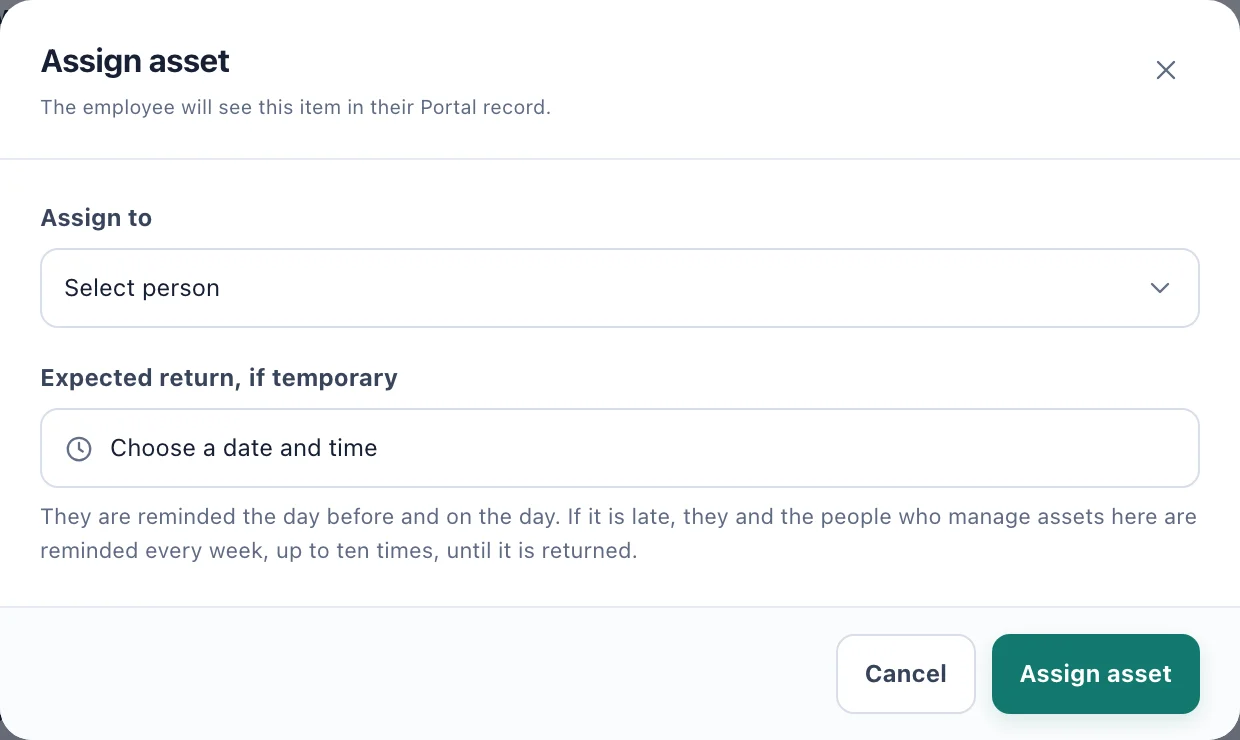 The Assign asset dialog with Assign to and Expected return fields