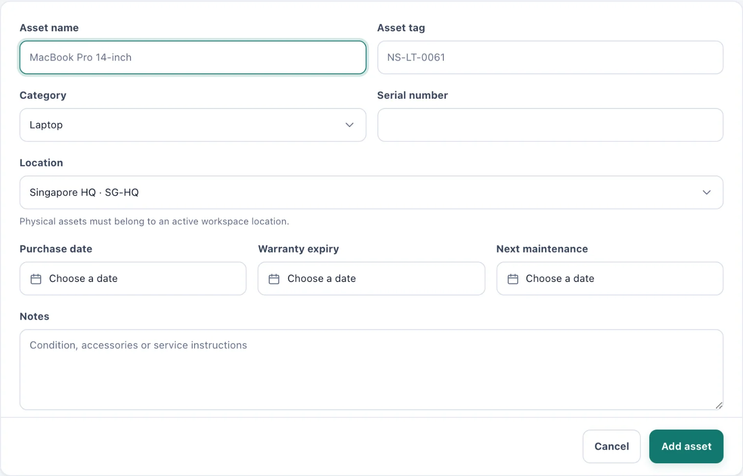 The Add company asset form