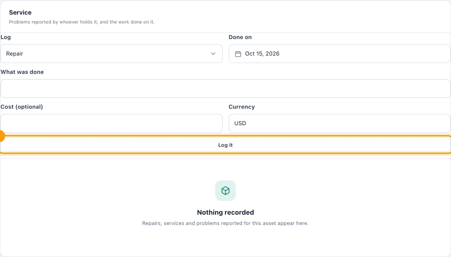 The Service card on an asset's page, with the Log it button ringed