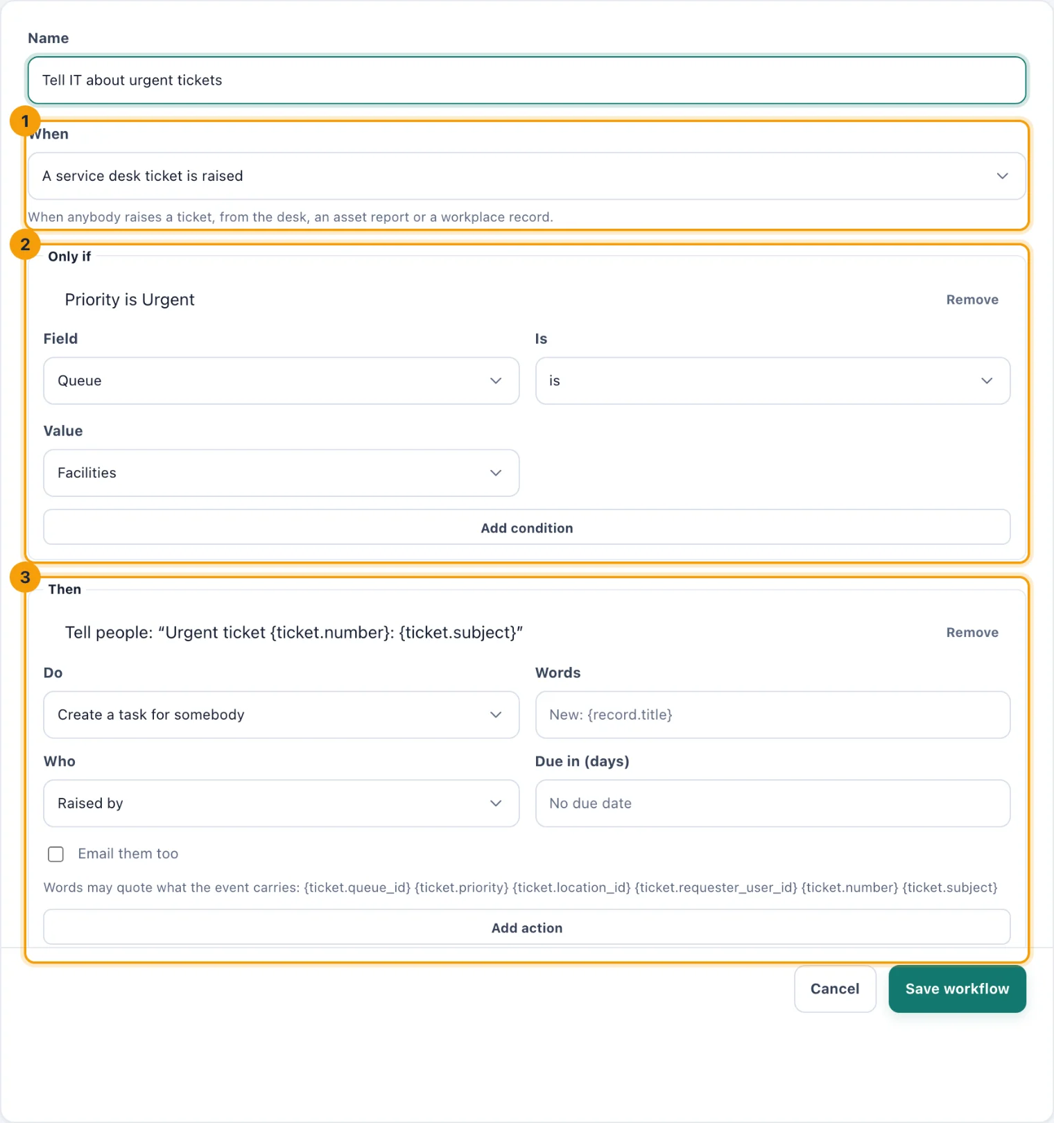 The workflow builder with the When field, the Only if box and the Then box numbered