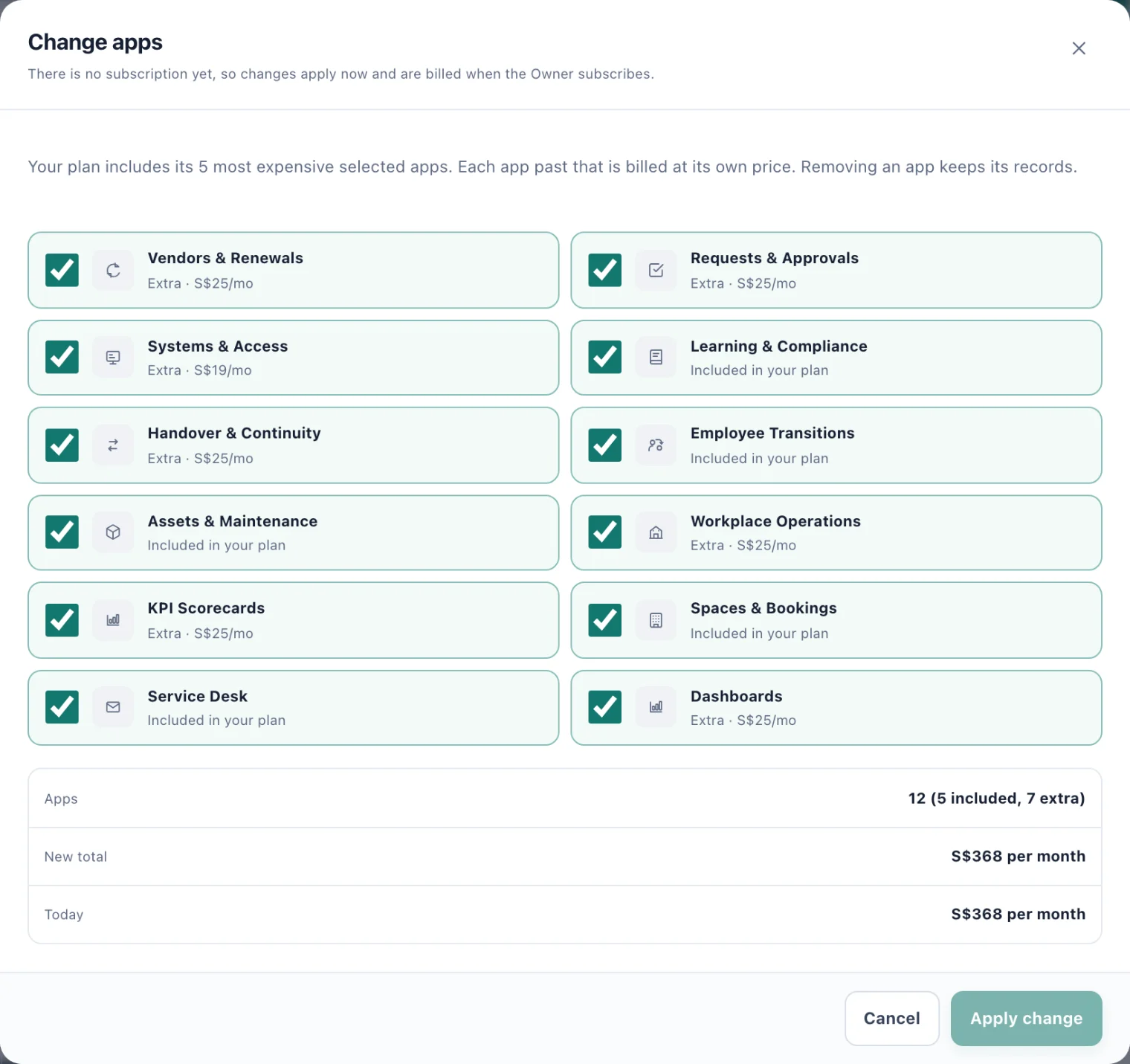 The Change apps dialog listing each app with its status, and the new total below