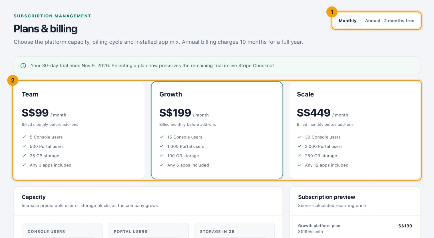 The Plans and billing page with the billing cycle switch and the plan cards numbered