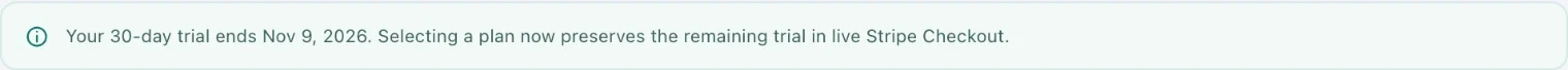 The note on Plans and billing that gives the trial's end date