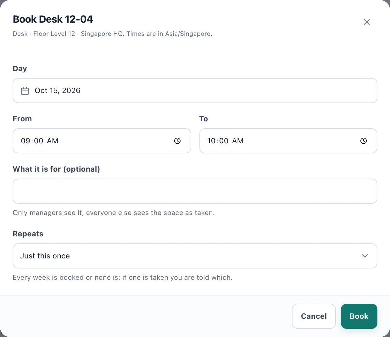The booking dialog with Day, From, To, What it is for and Repeats
