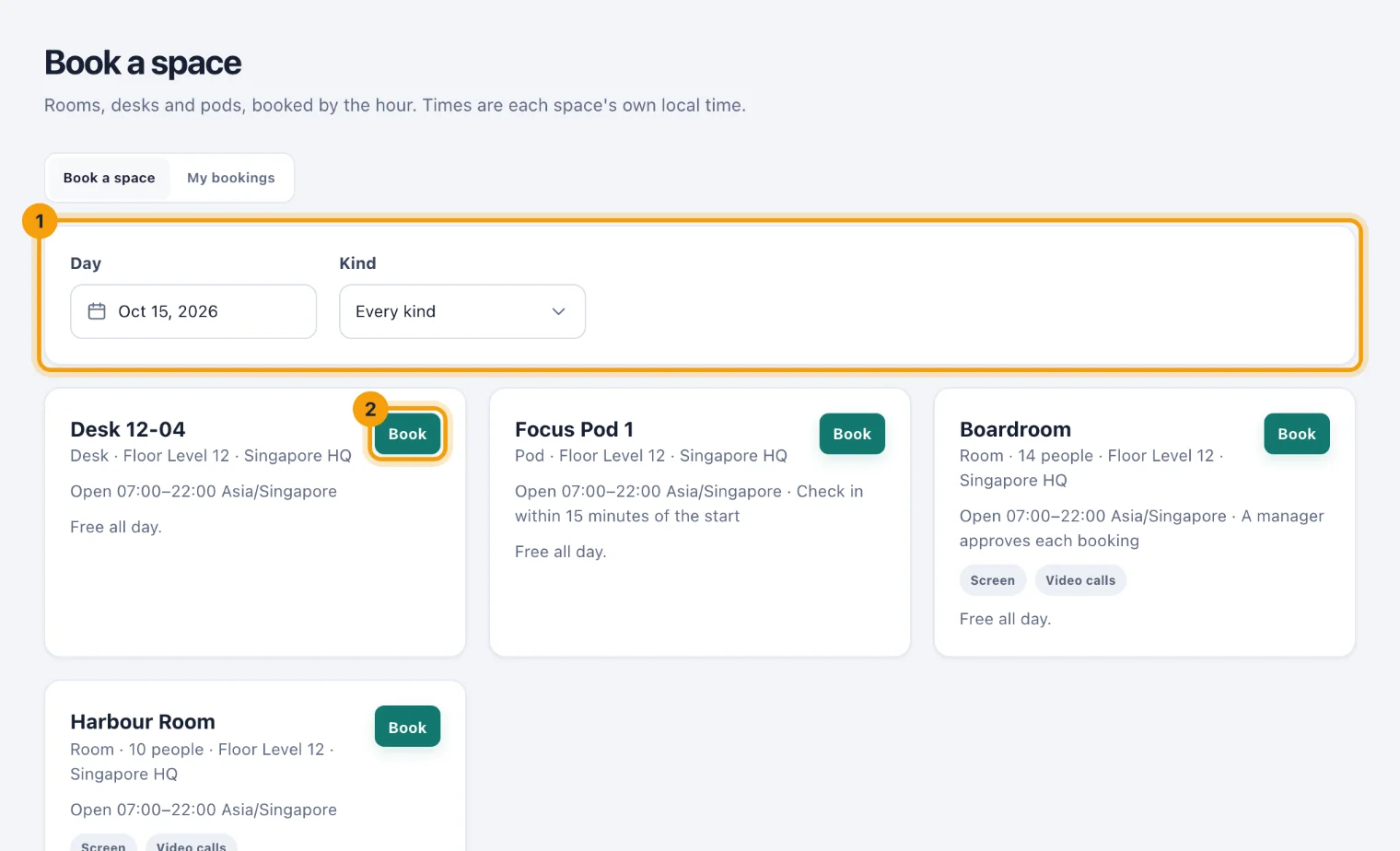 Book a space: the day and kind filters and a space's Book button ringed
