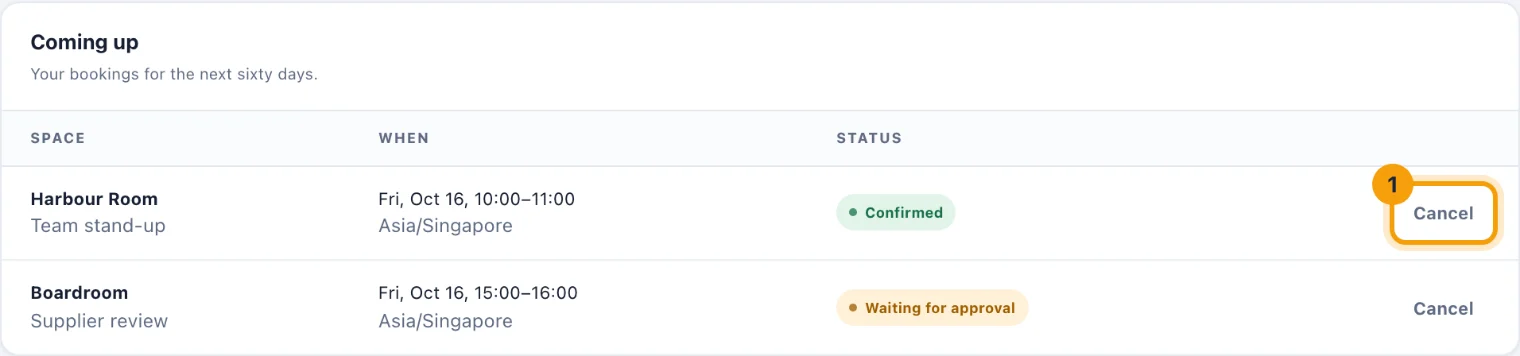 My bookings, with the Cancel button ringed