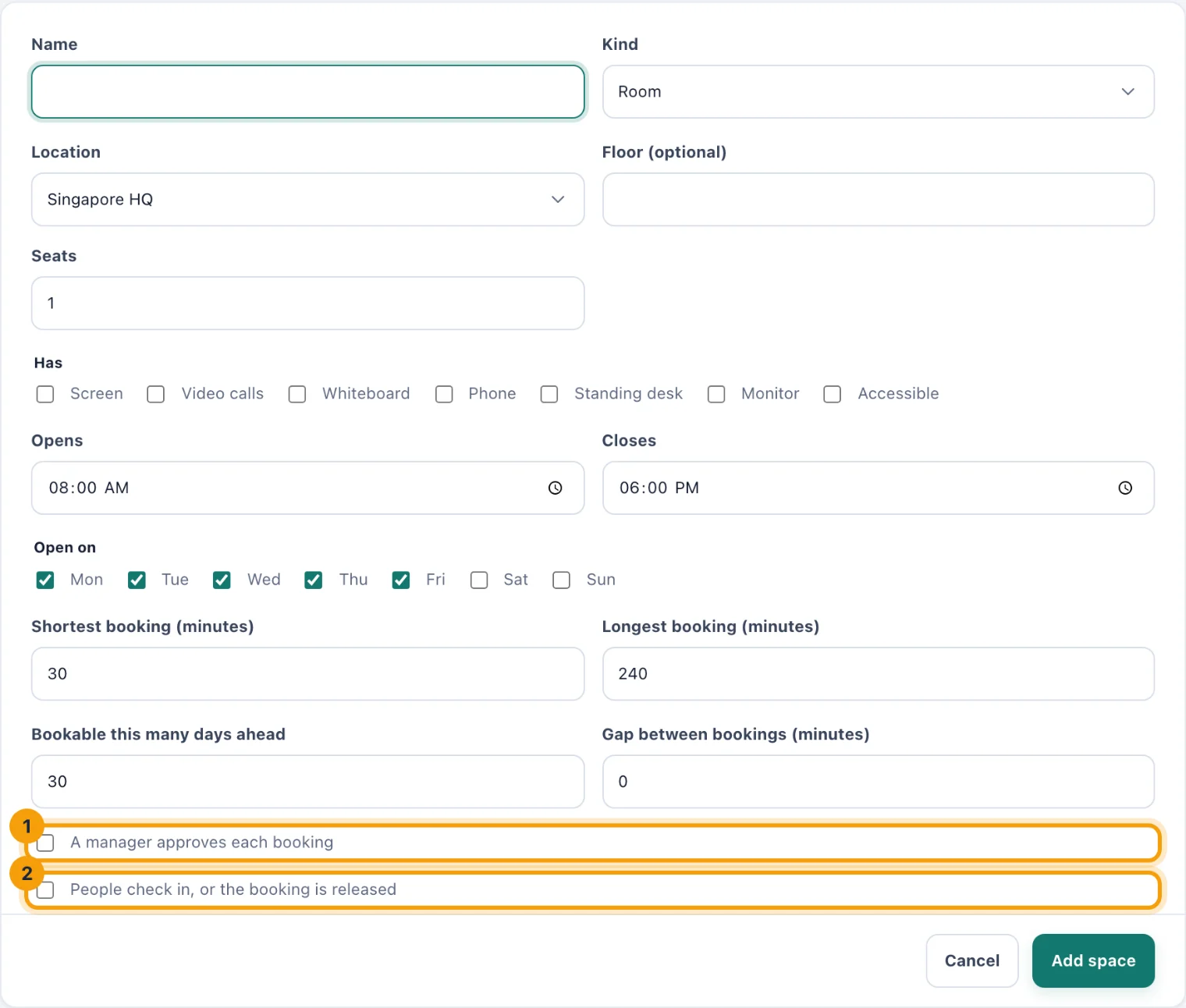 The New space form with the approval and check-in options ringed