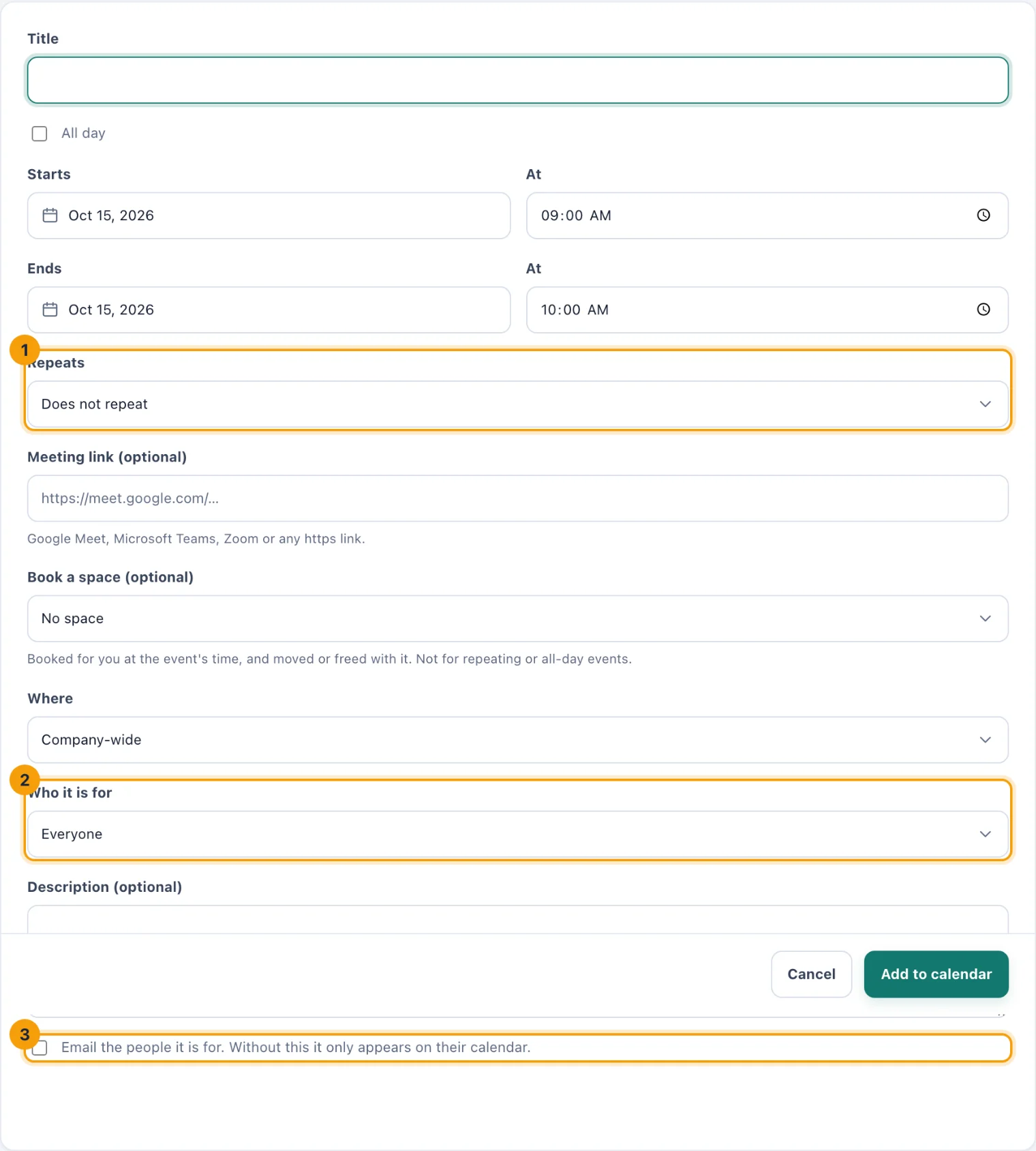 The New event page with Repeats, Who it is for and the email option numbered