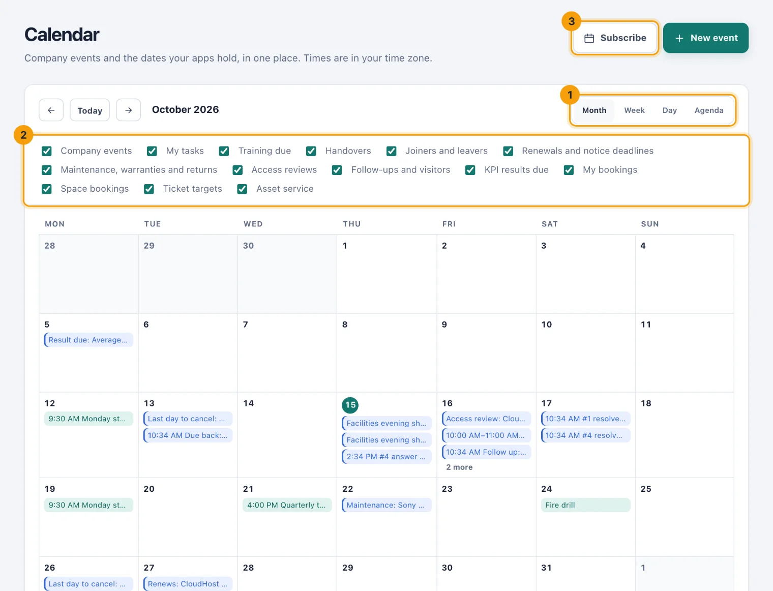 The calendar in month view, with the view switcher, the layer checkboxes and Subscribe ringed