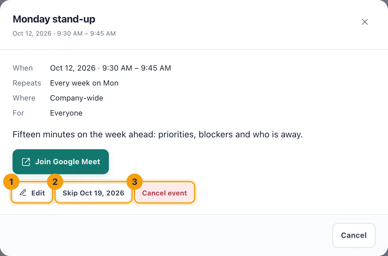 An event's quick look with Edit, Skip and Cancel event numbered