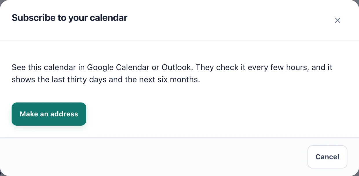 The Subscribe to your calendar dialog with the Make an address button