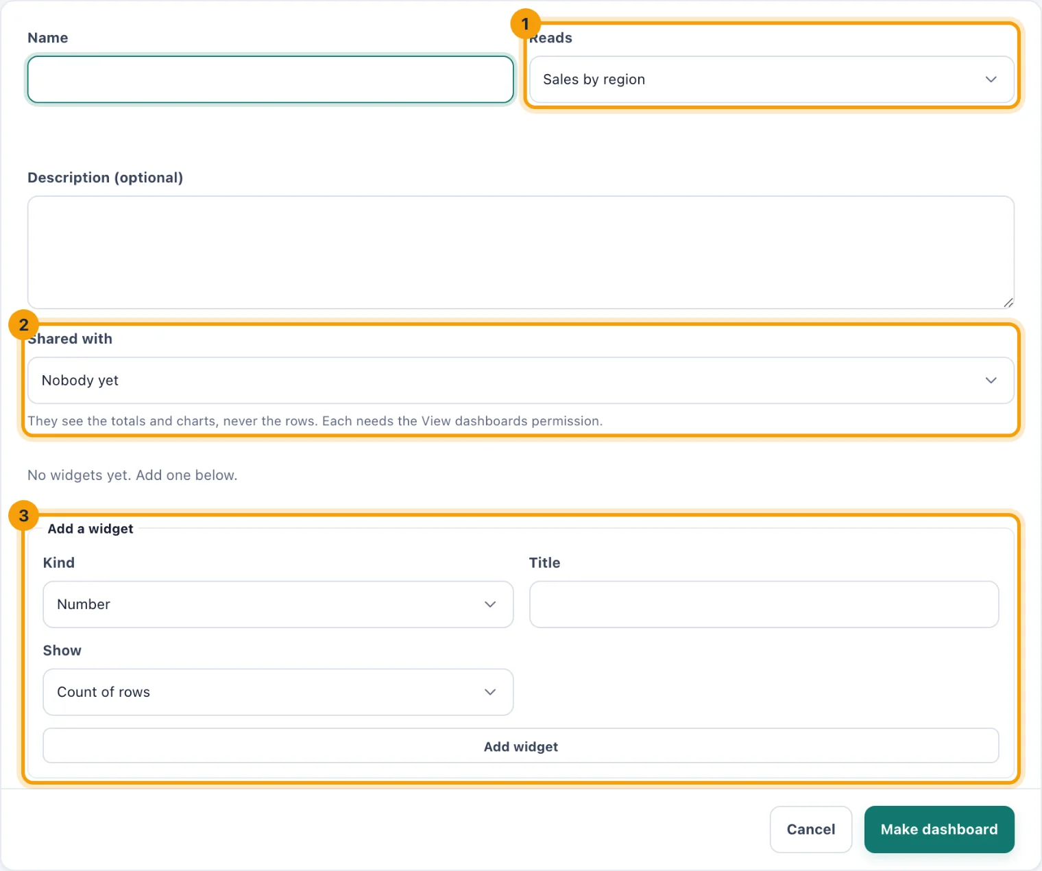 The New dashboard page with Reads, Shared with and Add a widget ringed