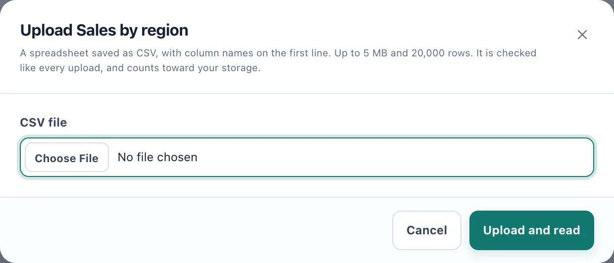 The upload dialog, with the size and row limits under its title