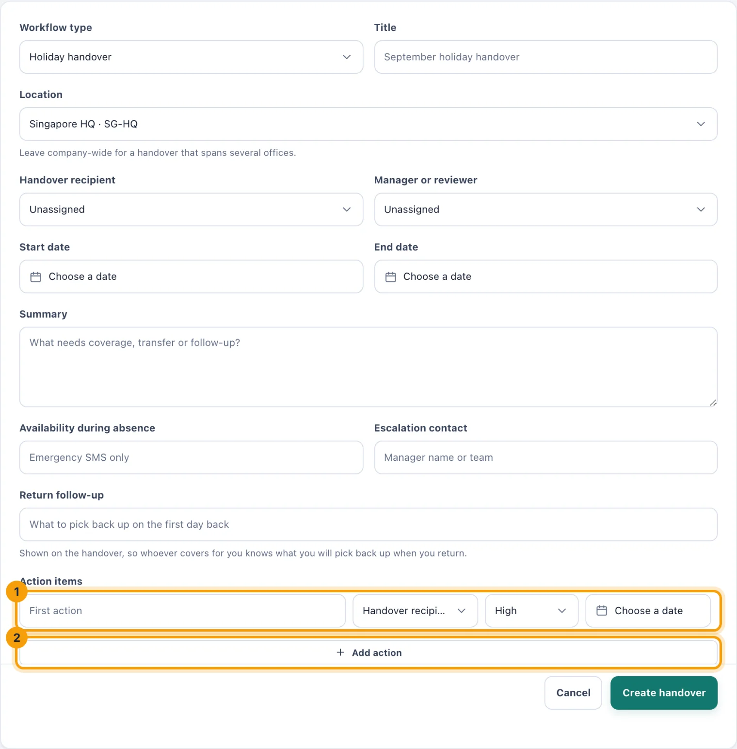 The Create handover page with the action items and Add action ringed