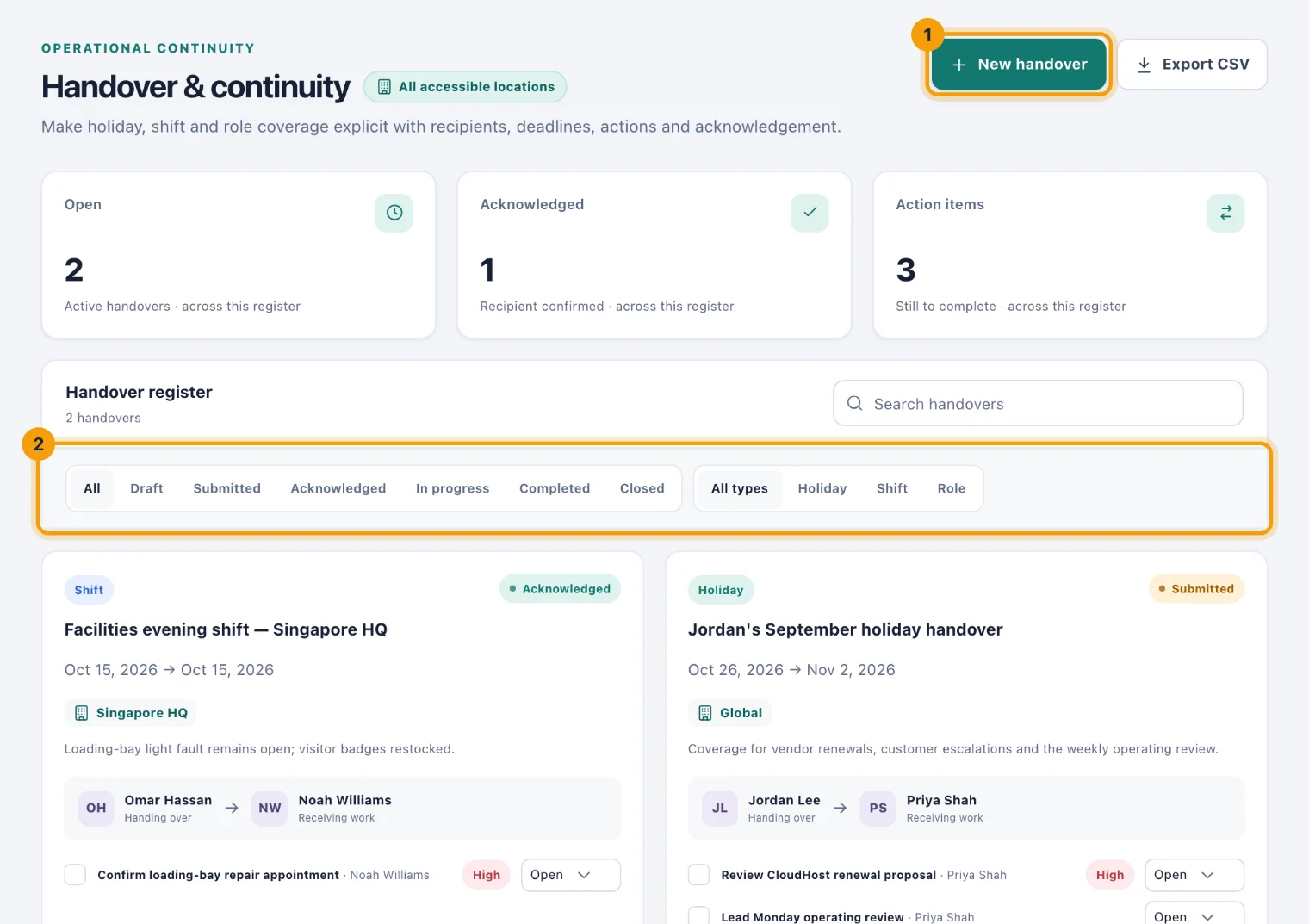 The Handover & continuity page with New handover, the filters and a handover's status button ringed