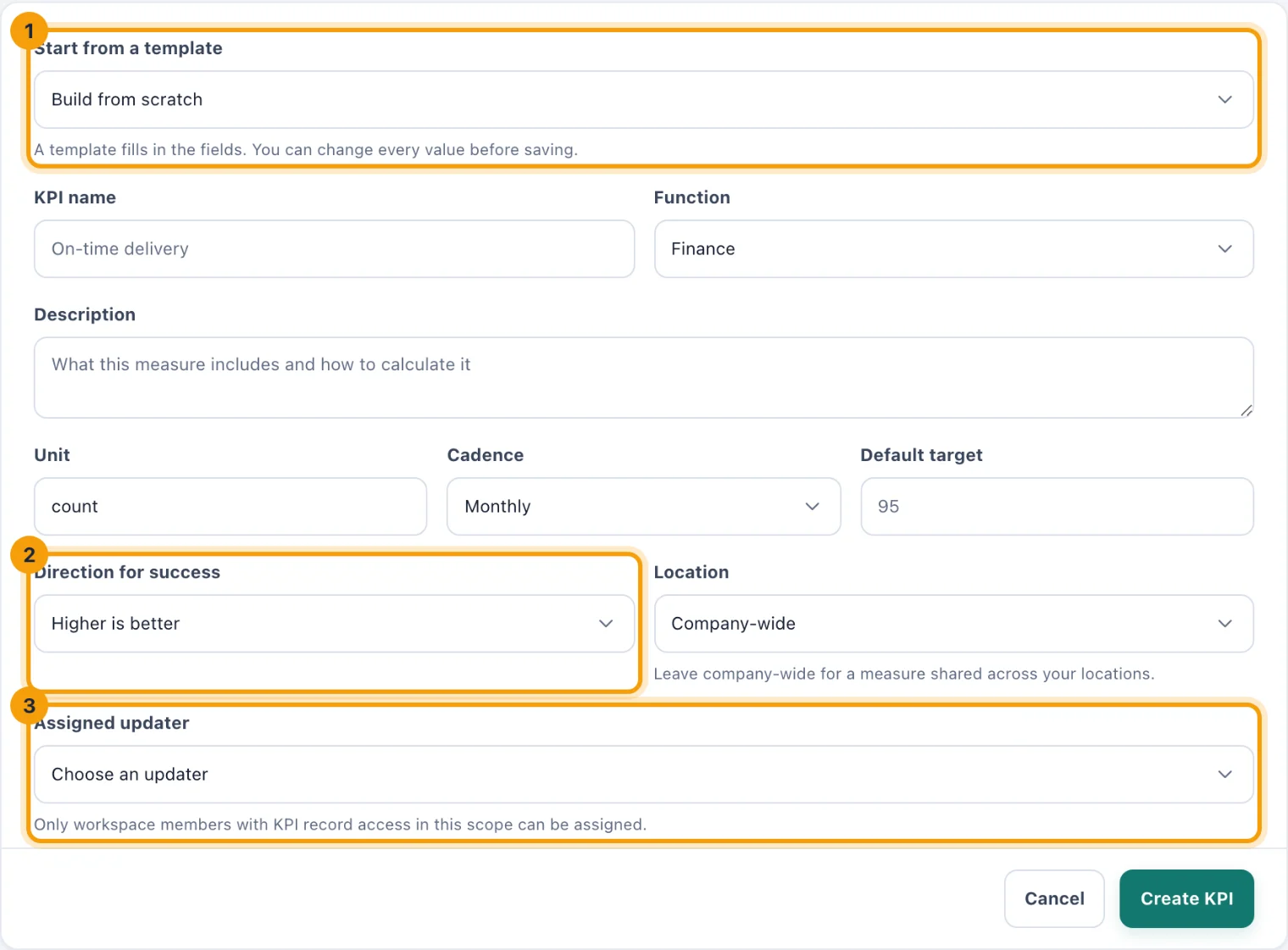 The Create a KPI form with Start from a template, Direction for success and Assigned updater ringed