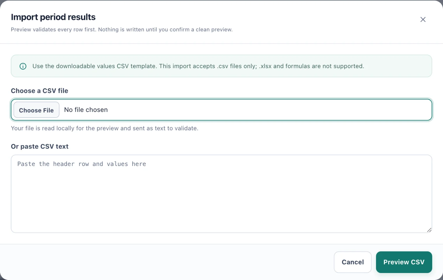 The Import period results dialog with a file chooser and a box to paste CSV text