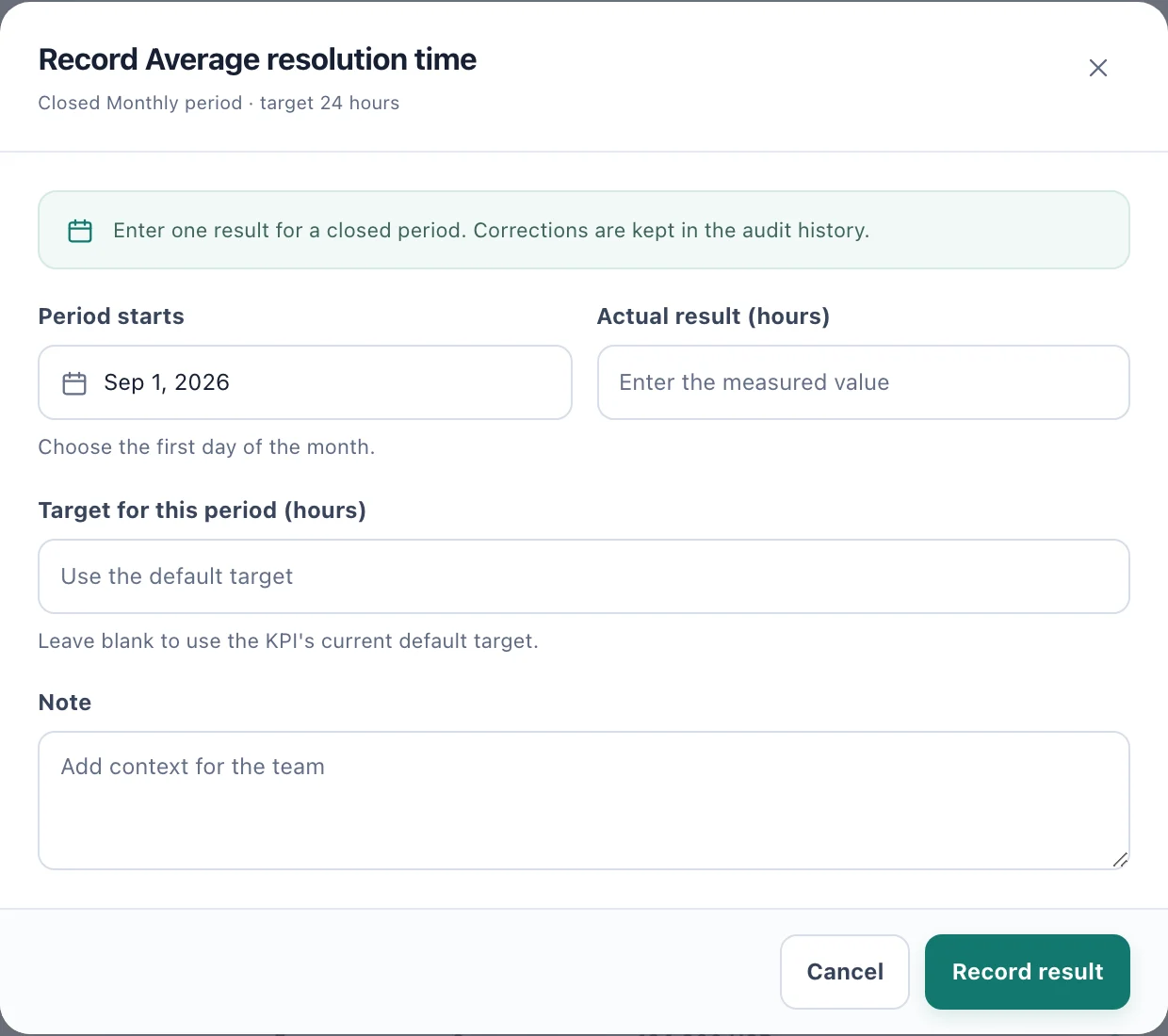 The Record dialog with Period starts, Actual result, Target for this period and Note