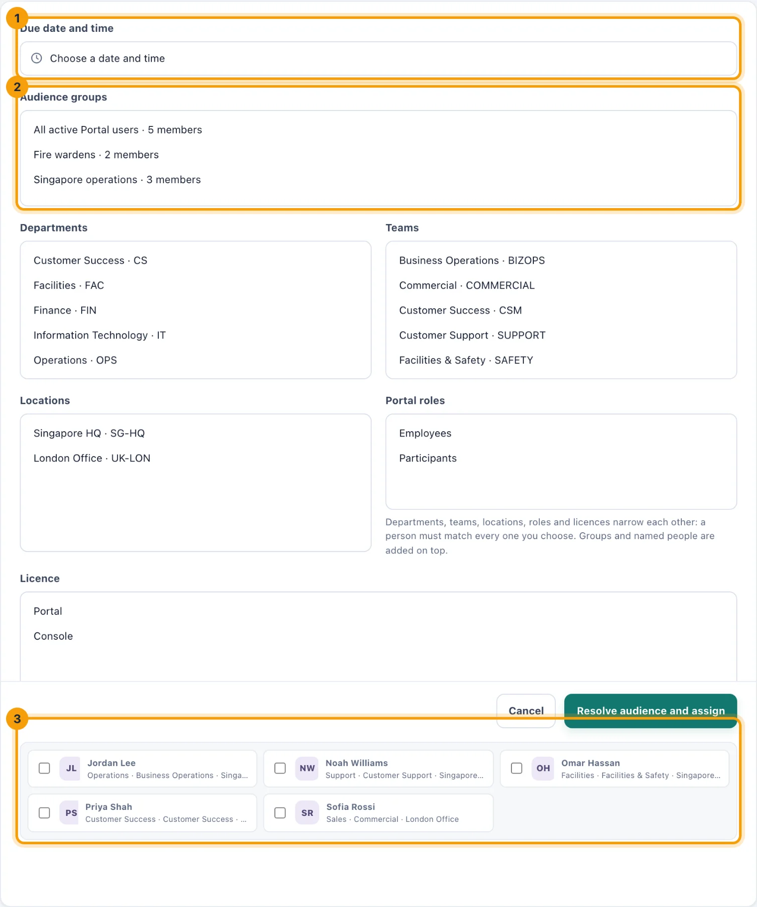 The Assign page with the due date, audience groups and the list of individuals ringed