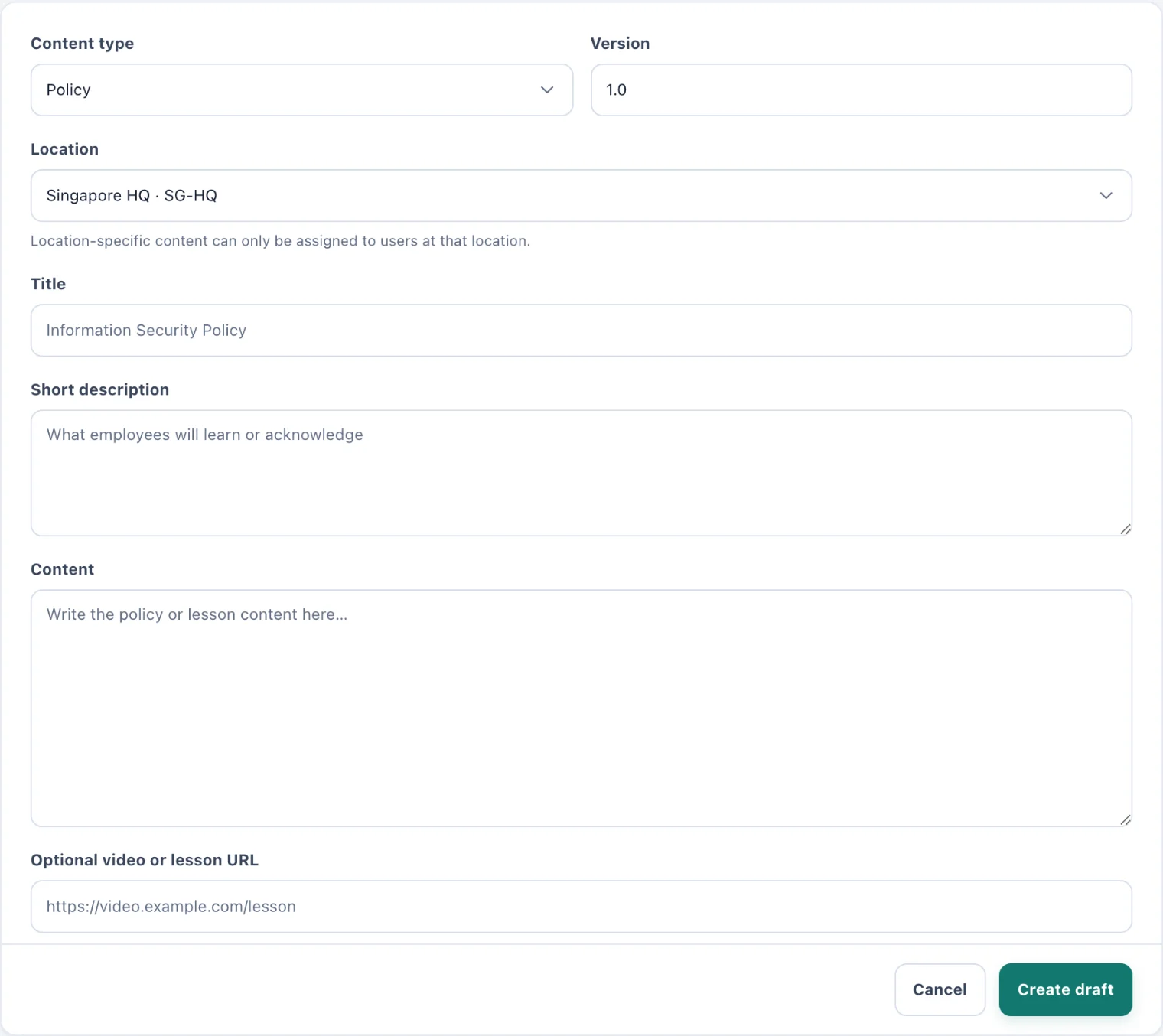 The Create policy or training page