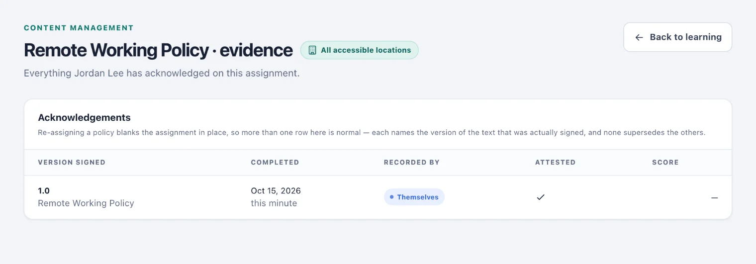 The evidence page for one assignment, with an acknowledgement recorded by the person themselves