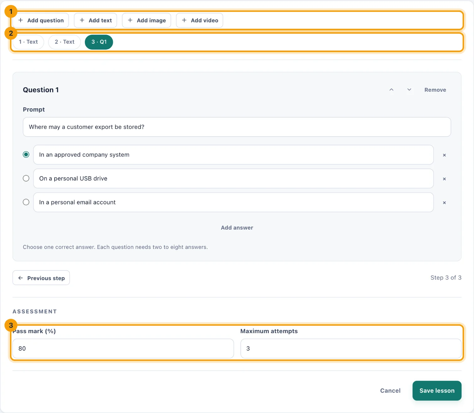 The lesson builder with its toolbar, step outline and assessment settings ringed