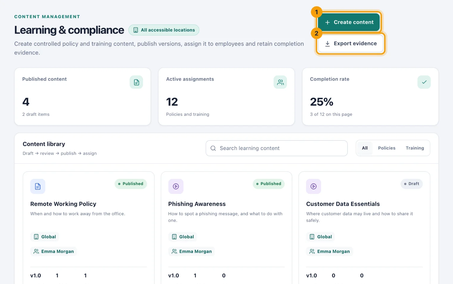 The Learning & compliance page with Create content and Export evidence ringed