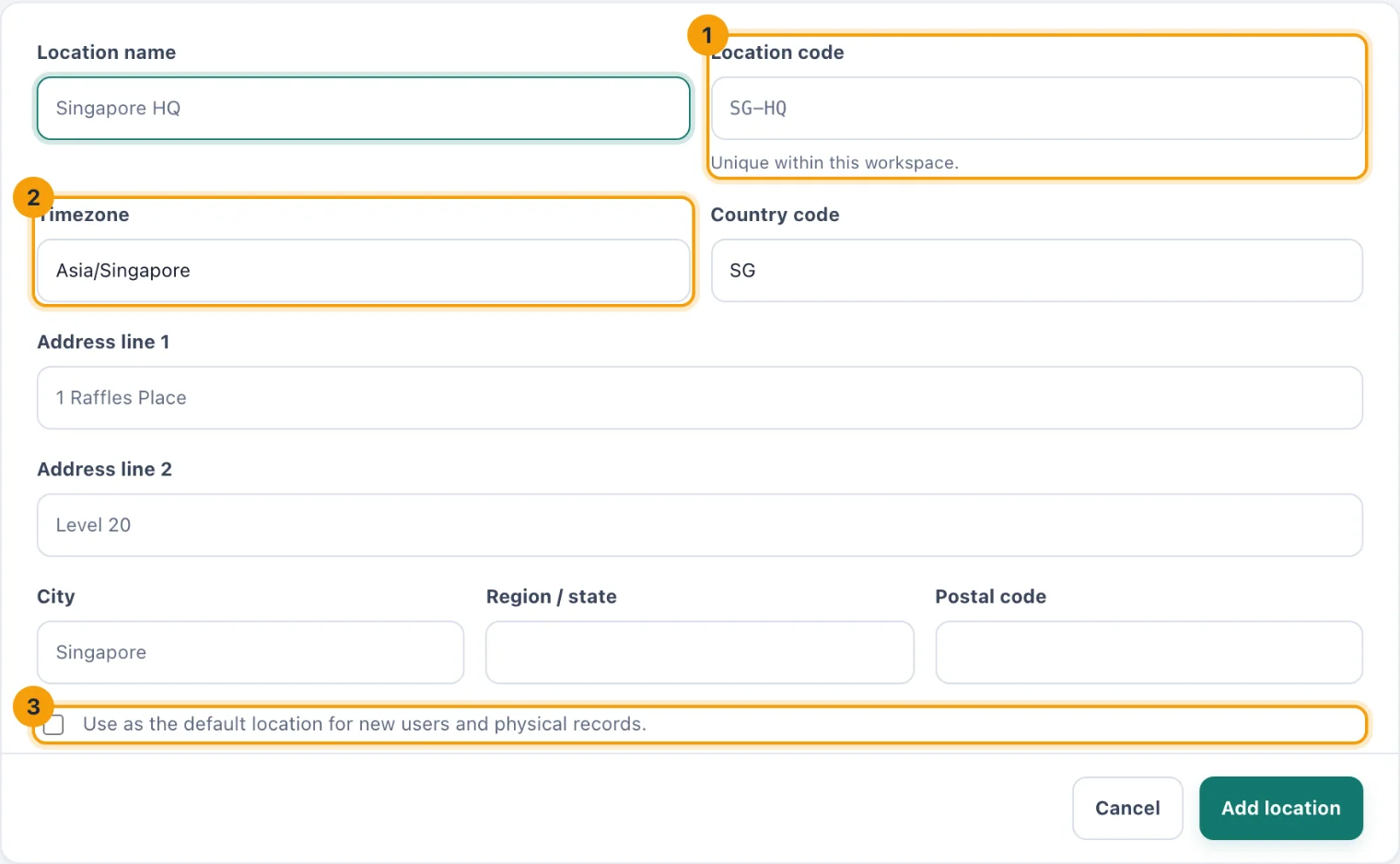 The Add workspace location form with Location code, Timezone and the default option ringed