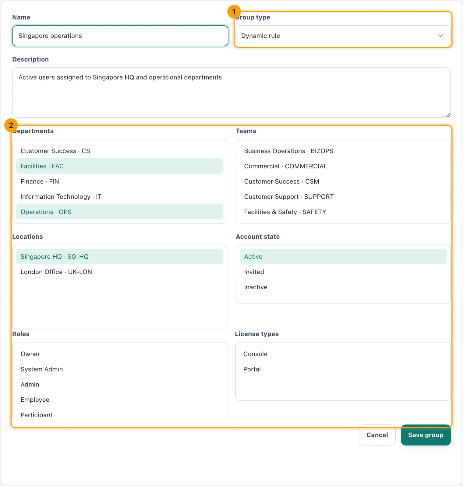 The Edit Singapore operations form with Group type and the dynamic rule pickers ringed