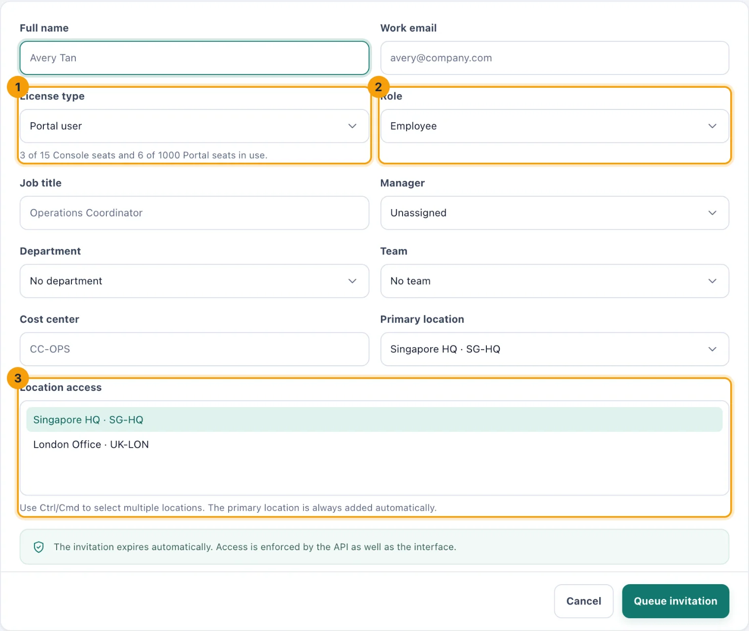 The Invite workspace user form with License type, Role and Location access ringed