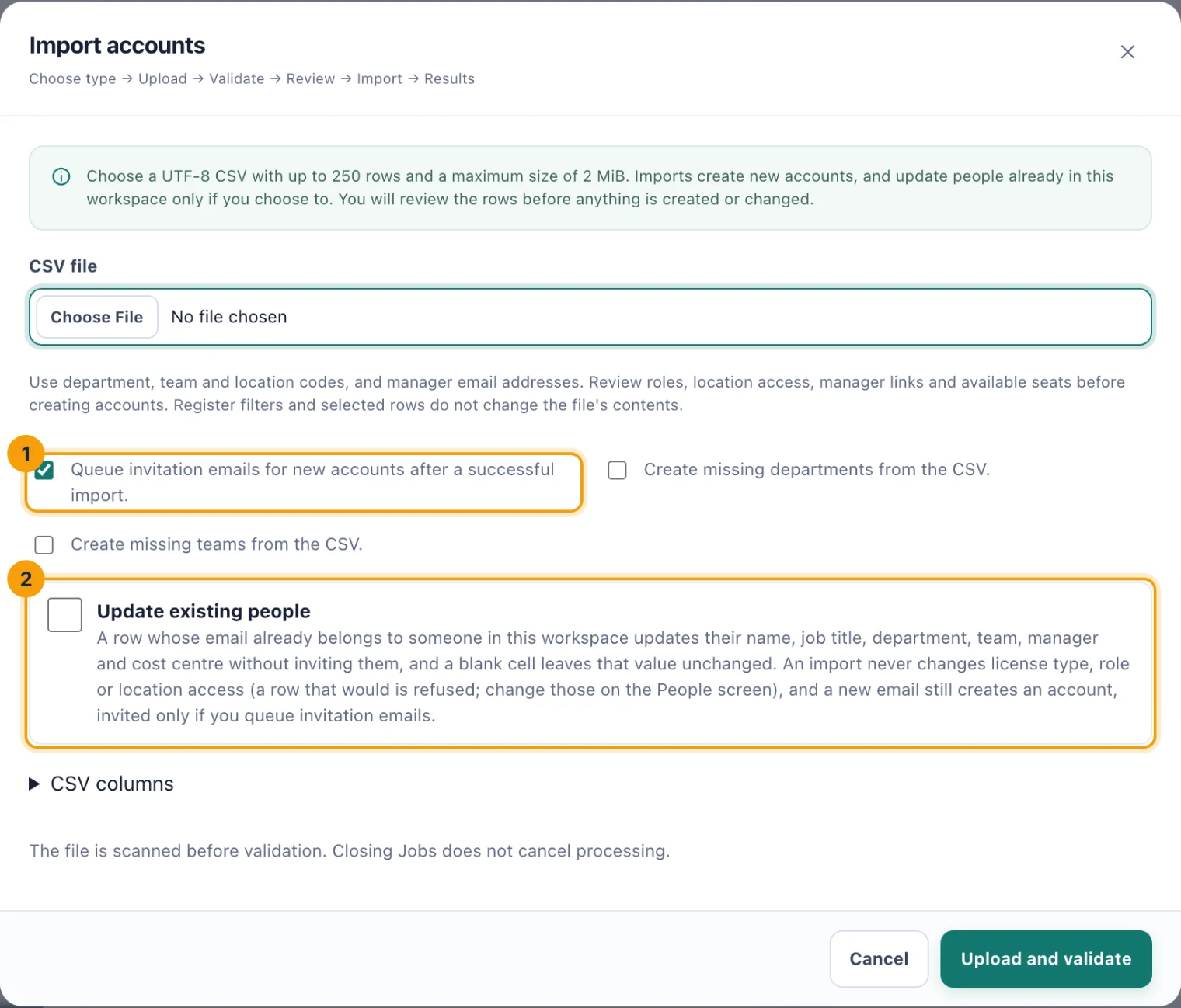 The Import accounts dialog with the invitation option and Update existing people ringed