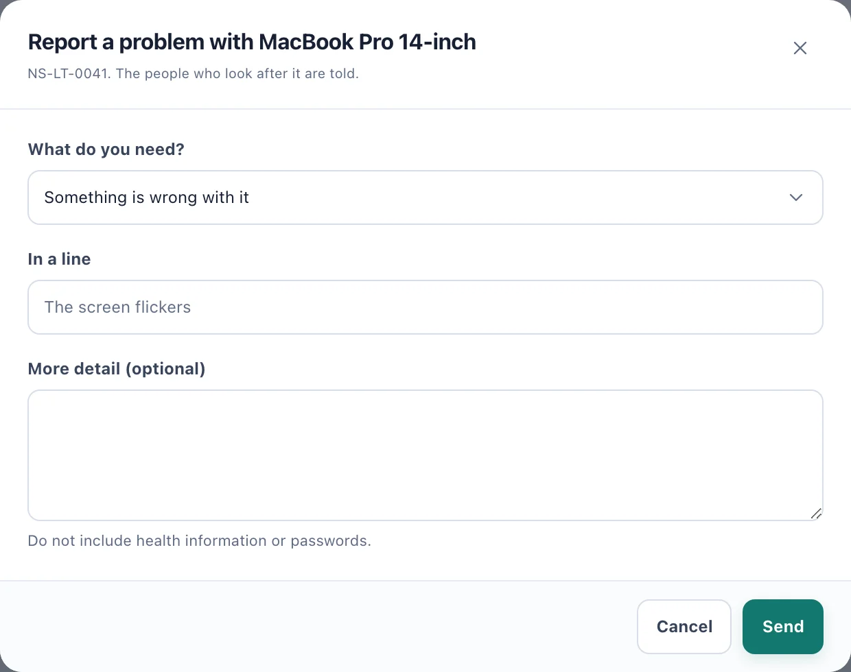 The Report a problem dialog