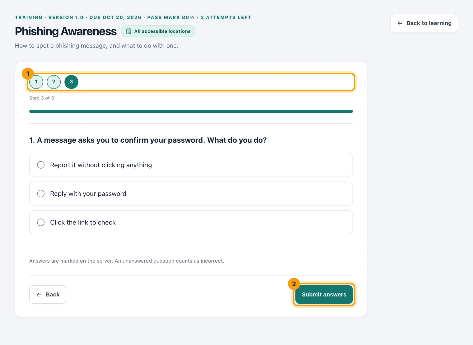 A course on its question step, with the step numbers and Submit answers ringed