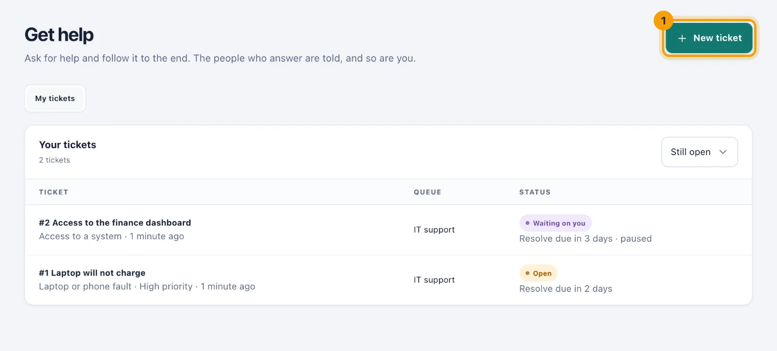The Get help page listing your tickets, with the New ticket button ringed