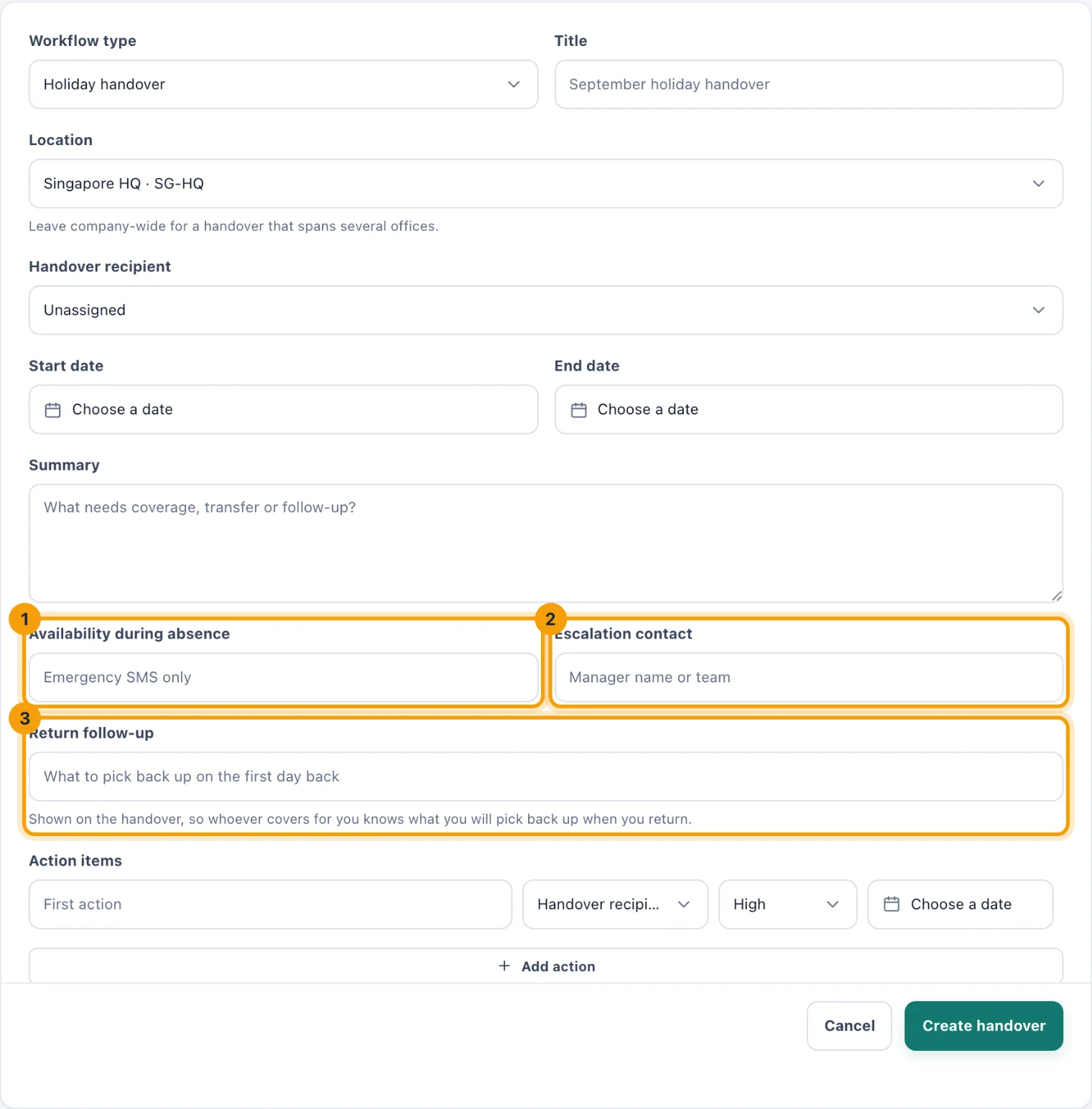 The Create handover page from the Portal, with availability, escalation contact and return follow-up ringed