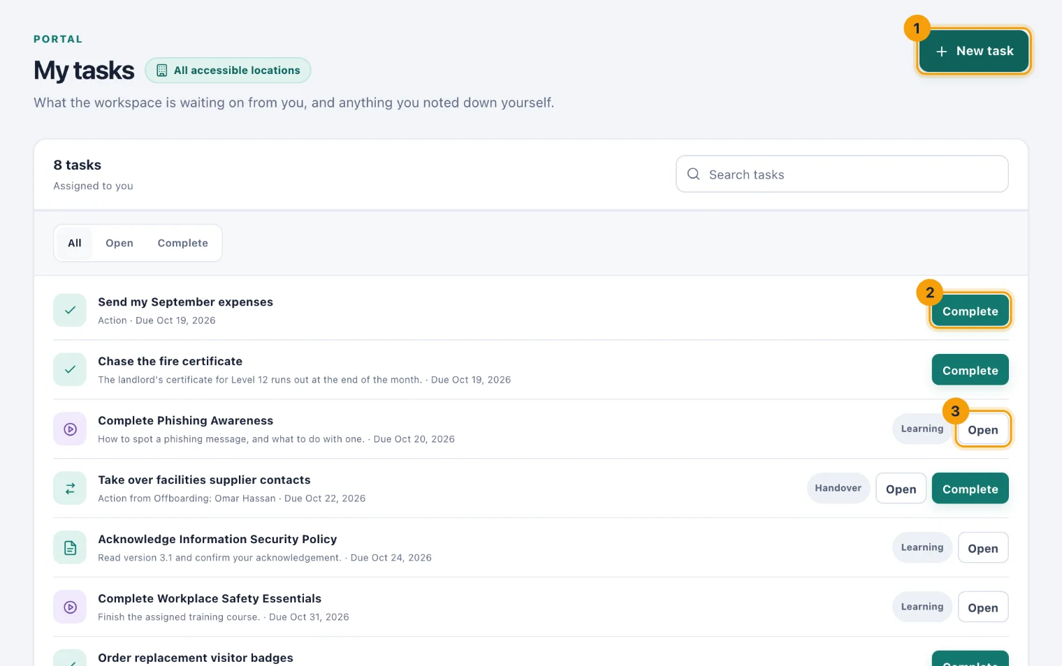 My tasks with New task, a Complete button and an Open button numbered